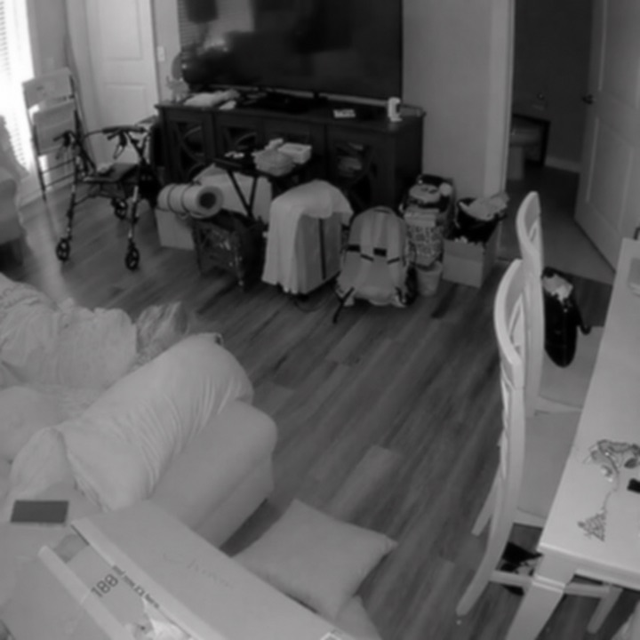 Lightly blurred benchmark scene showing an older adult reclined and partially hidden on a sofa