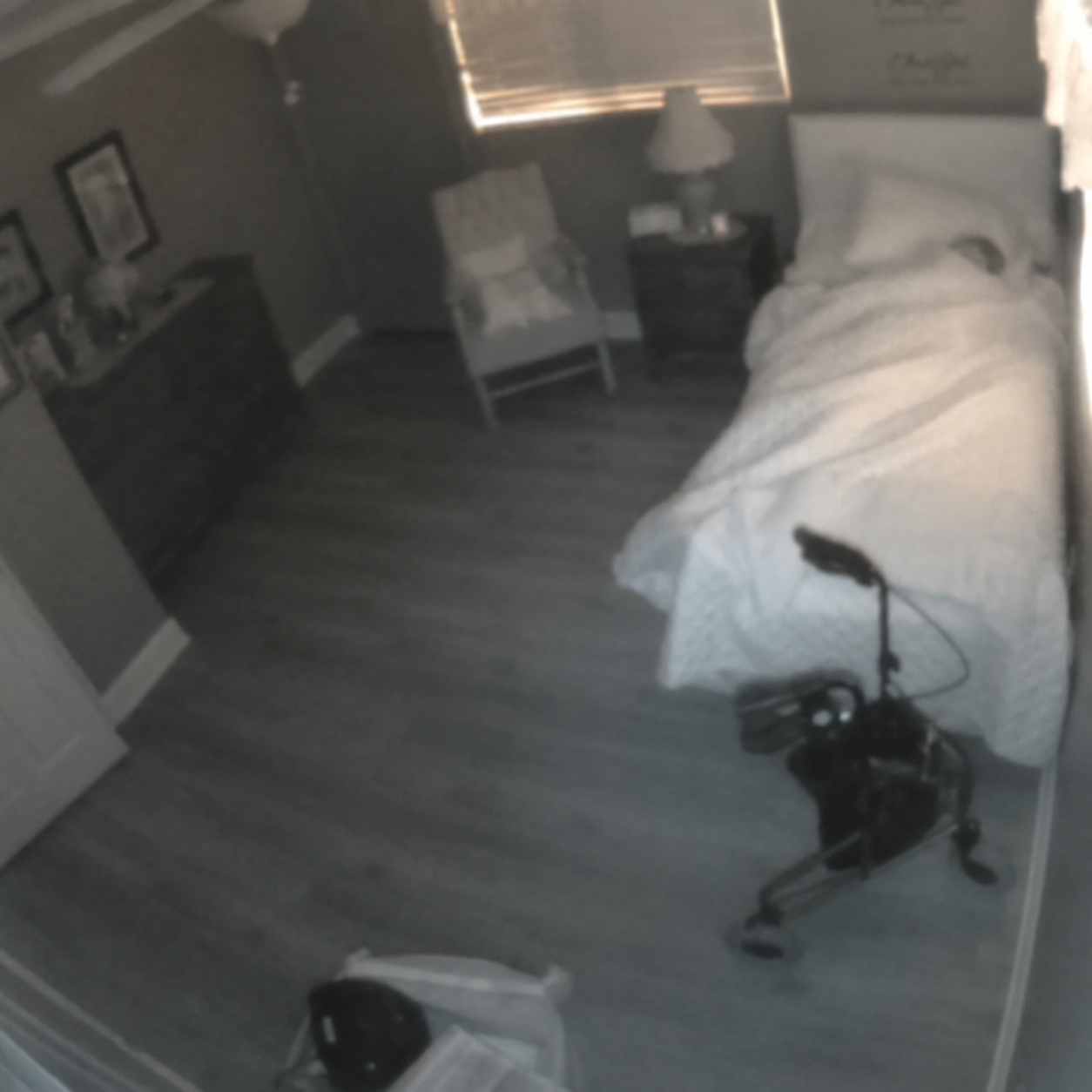 Lightly blurred benchmark scene showing an older adult in bed with a mobility aid nearby